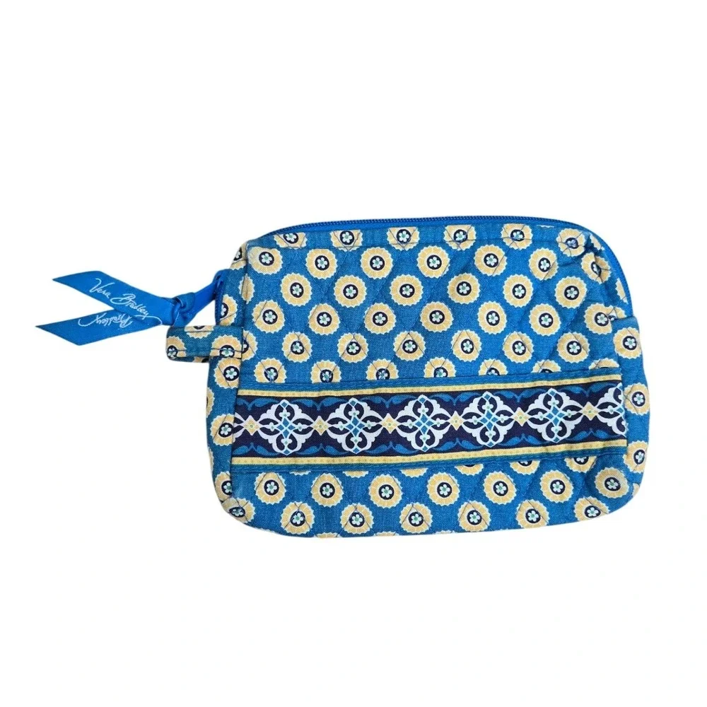 Vera Bradley Small Makeup Cosmetic Travel Bag Pouch Riviera Blue‎ Yellow Boho